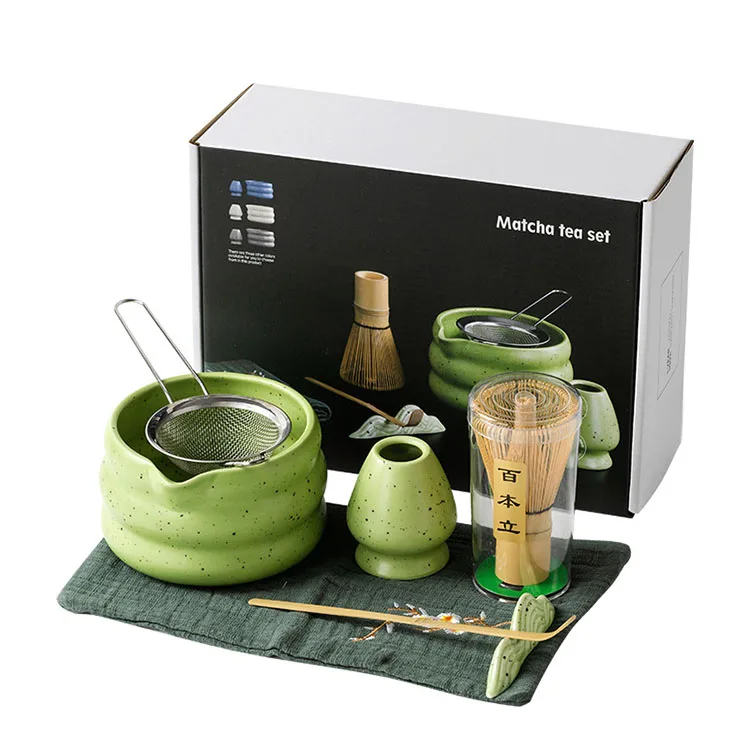 Matcha Whisk Set ceramic sand glazed bowl with mouth pot matcha tea 7 pieces tools gift box kit for matcha lovers