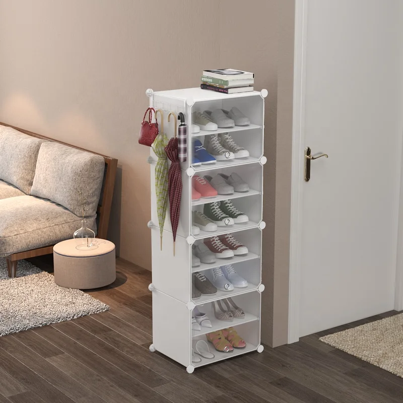 Front-opening transparent door 8 layer stackable cube storage plastic shoe rack for living room