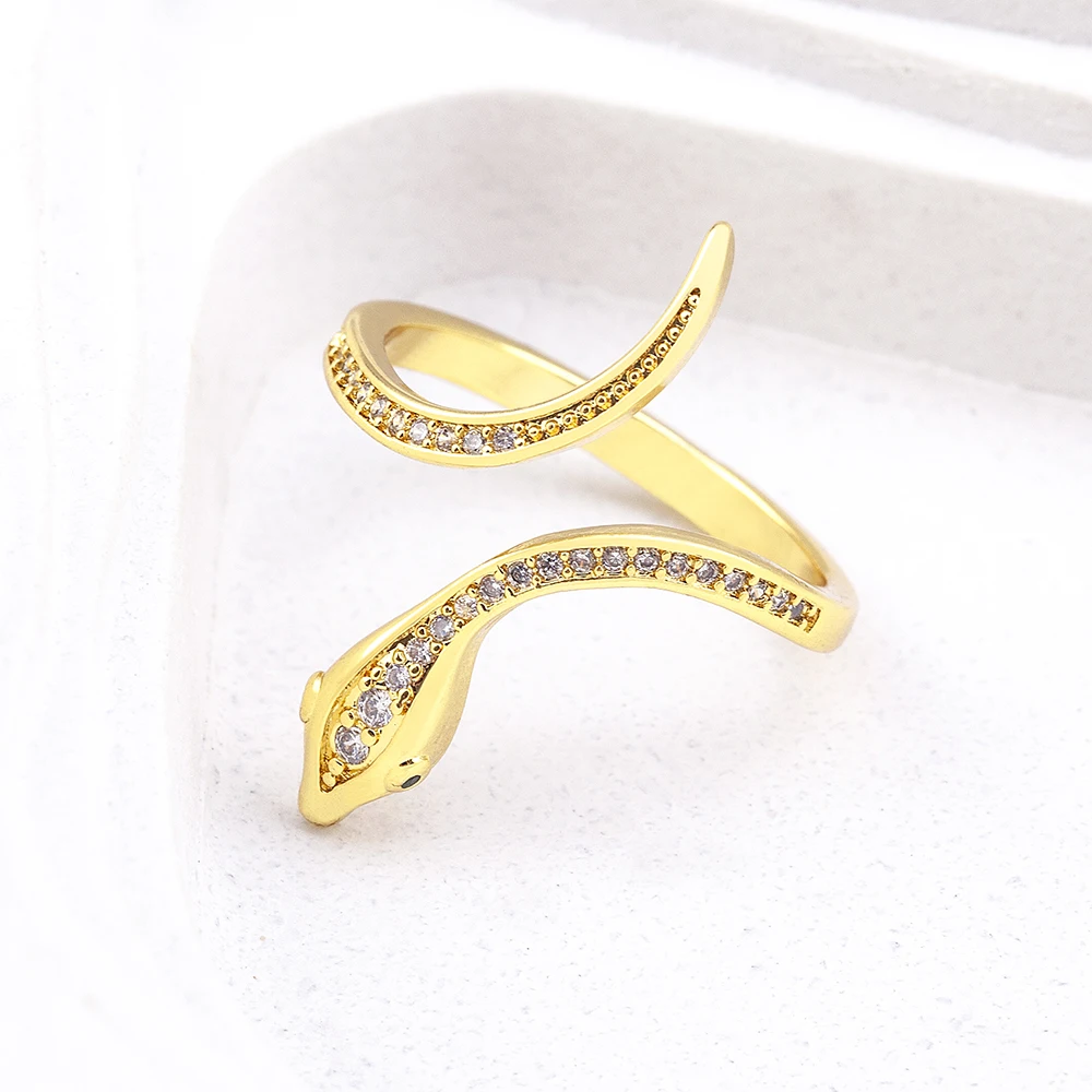 QIKU Fashion Gold Color Snake Shape Copper Zircon Ring Opening Adjustable Jewelry Women Unusual Accessories Girl Gift Wholesale