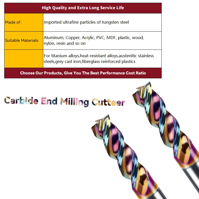 Colorful Coated 3 Flute Cnc Milling Tools Aluminum Copper Wood Cutter End Mill Tungsten Steel Carbide End Milling Cutter