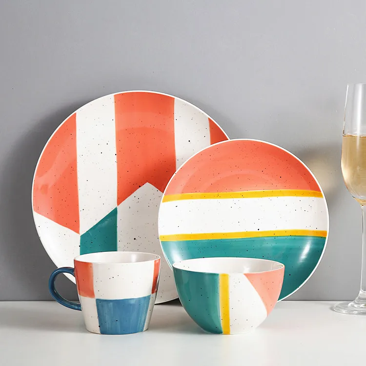 European Modern Dinner Set Salad Bowl Dining Plate Hand Painted Stitching Colorful Stoneware Ceramic Dinnerware Set