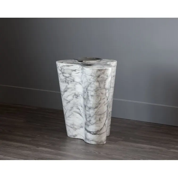 Contemporary white patterned marble side table is beautiful in shape and perfect for balcony dens