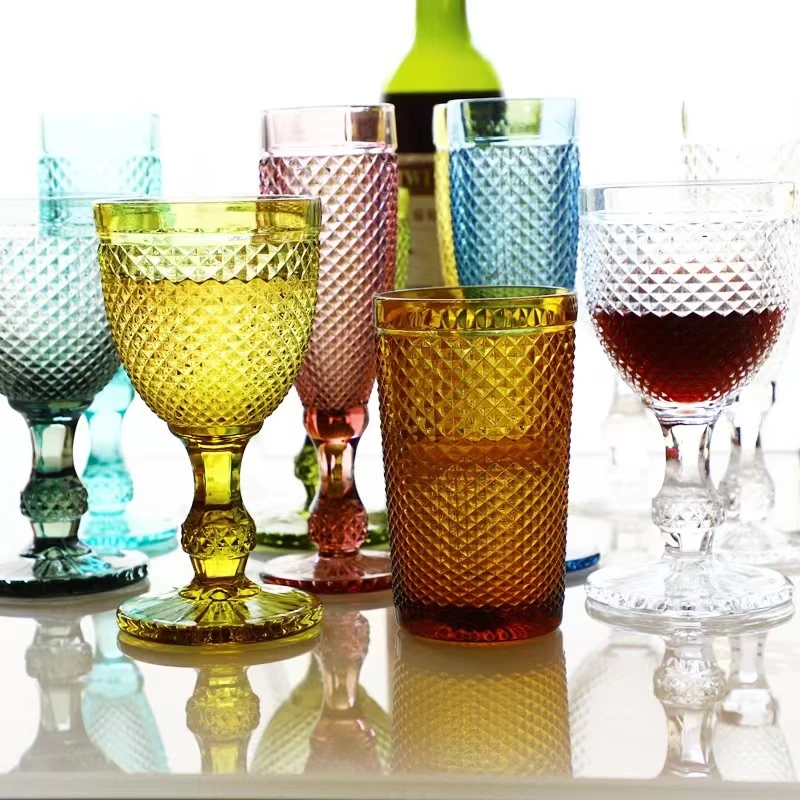 11oz Wholesale Vintage embossed wedding glasses Blue pink Green lead-free glass Champagne glasses