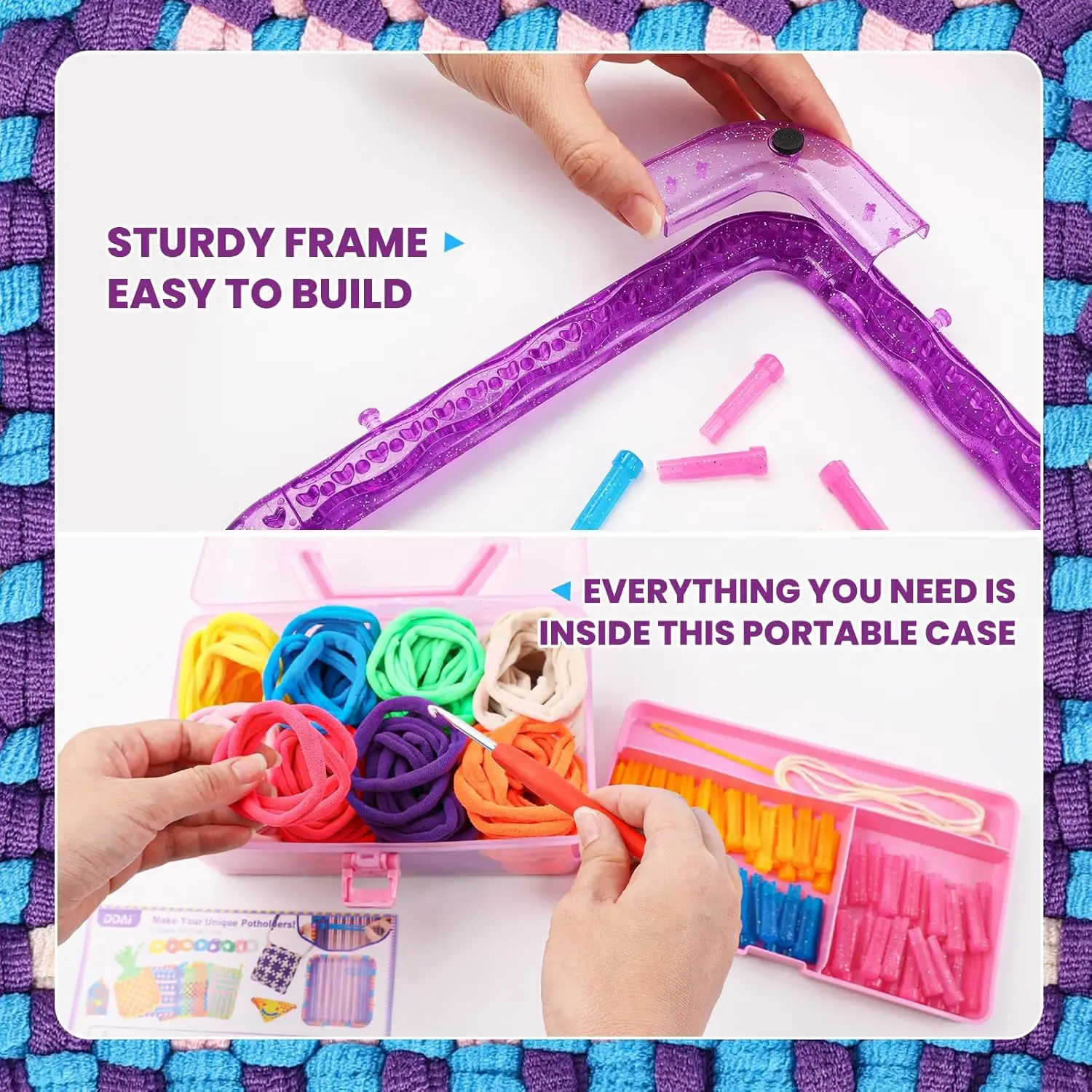 Weaving Loom Kit Toys Crafts for Kids and Adults - Sturdy Frame Potholder Loom Making Kits Portable Box and Craft Loops