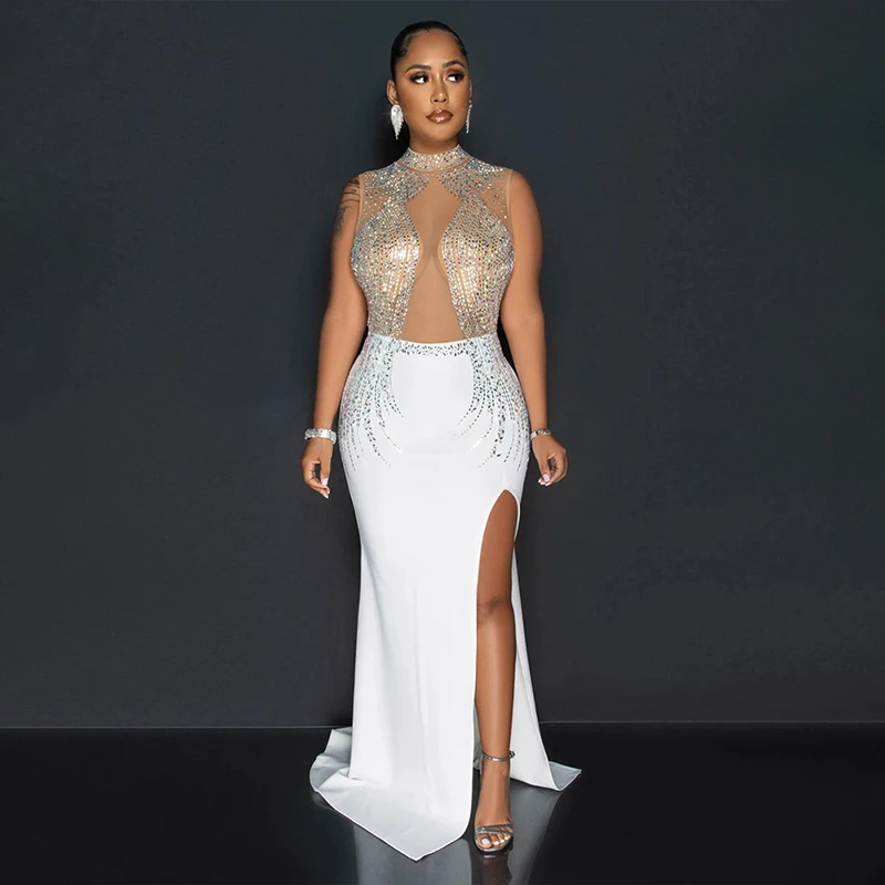 CX6860 Sleeveless Mock Neck Elegant Dress High Slit Rhinestone Formal Evening Prom Ball Gown Dresses