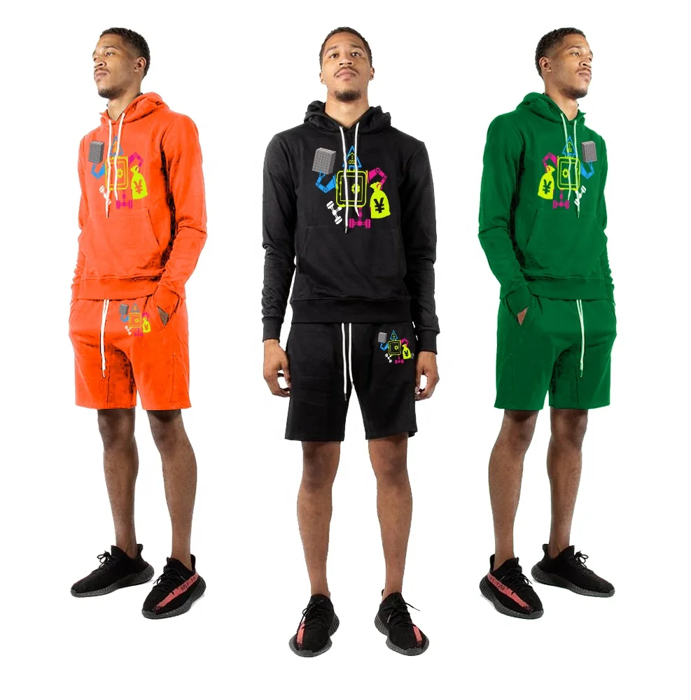 New design OEM Wholesale Summer hoodies gym Fitness mens hoodie short set  robot sweatsuit mens streetwear sets