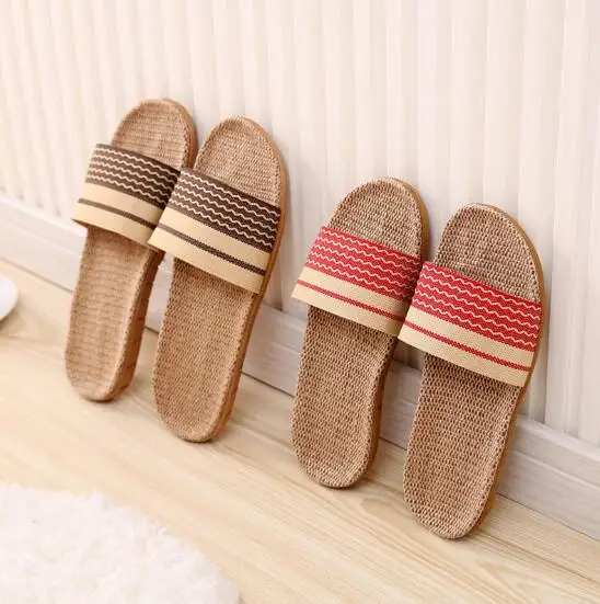 
Wholesale Men Women Linen Lovers Indoor Wooden Floor Mute Home Non-slip Thick Bottom Summer Sandals Straw Slippers 