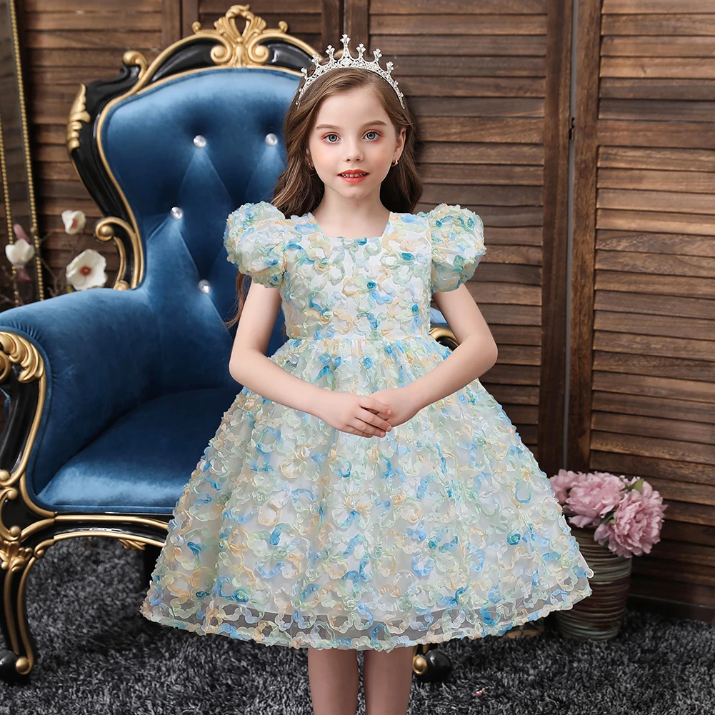 In Stock Korean Style 3D Flower Girl Bridesmaid Dress Pink Girls Party Birthday Dresses for 6Y  Soft Kids Night Dress