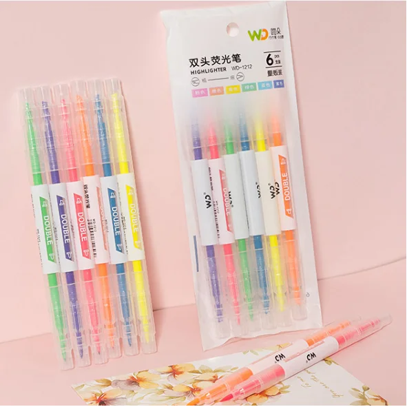 6pcs set Cute Kawaii Korean Double Head Highlighter Marker Pen Fancy Highlighter Pen Fluorescent Marker Pen