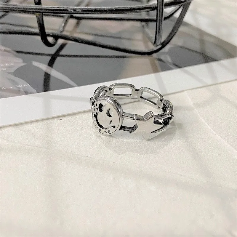 VAF Smile Happy Face Ring Star Chain Link Anillo Cara Sonriente Stainless Steel Titanium Vintage Smile Ring For Men