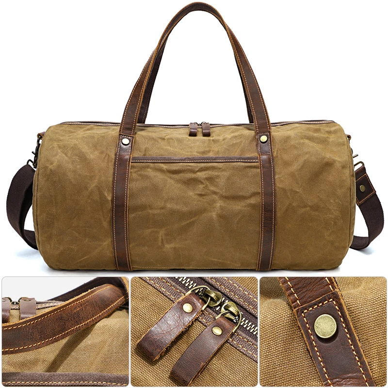 Oil Waxed Canvas Leather gym Sport Travel Bags Vintage Barrel Round Duffel Bag for Men Women