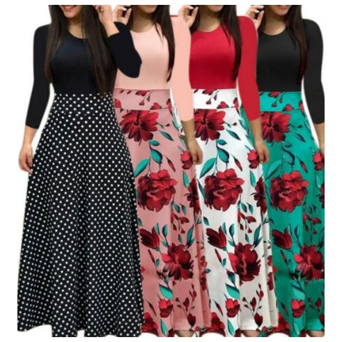 W5370 Hot Selling S-5XL Women Dress Female Fashion Long Sleeve Floral Print Long Maxi Dress Ladies Casual Ankle-Length Vestido