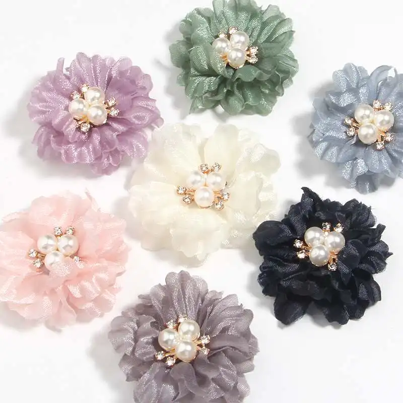 5cm 2inch Shiny Chiffon Fabric Artificial with Pearl Beads for Wedding Dress Brooch Decor Headwear Accessories