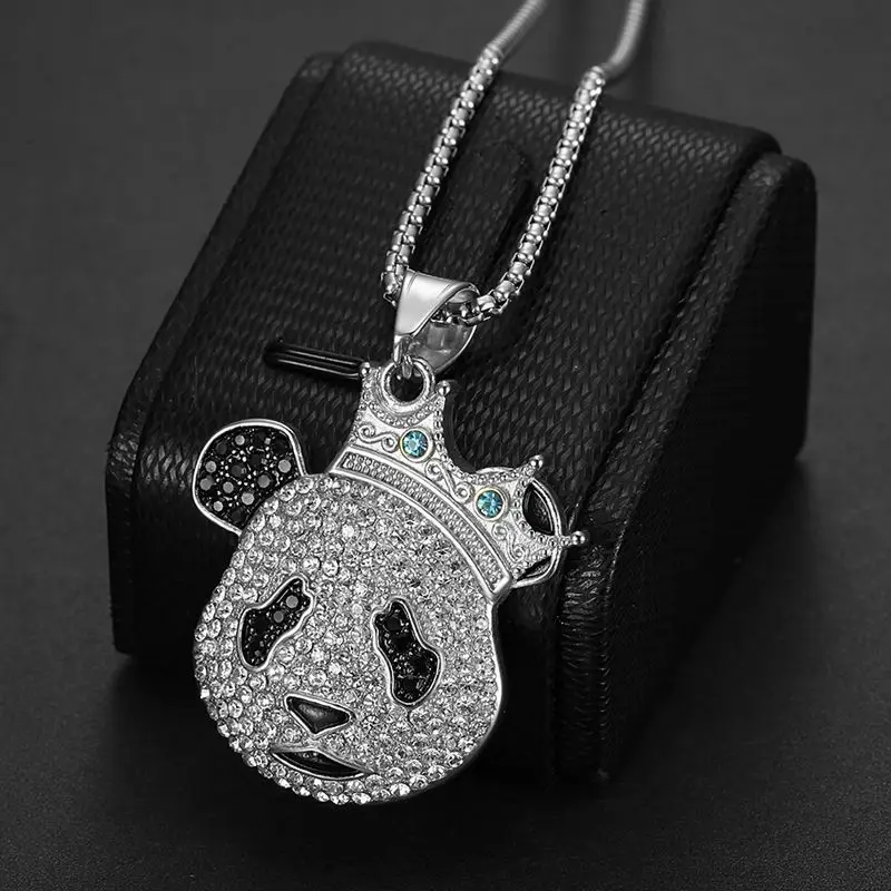 Iced Out Jewelry Stainless Steel Crystal Diamond Panda Necklace Custom Gold Plated Crown Pendant Necklace
