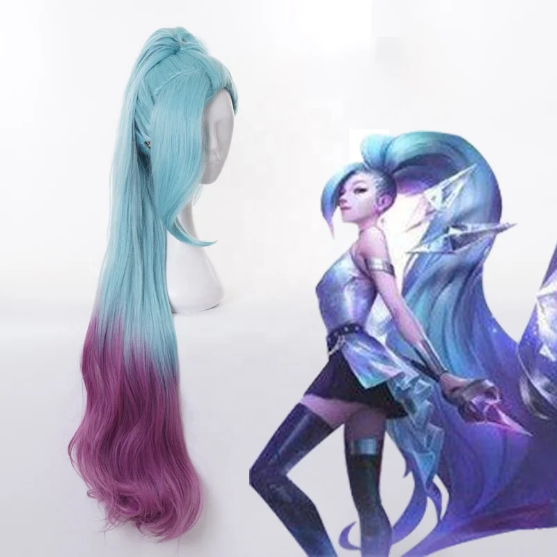Wholesale New LOL Seraphine Wig Cosplay 100cm Long Blue&Purple League of Legends Synthetic Anime Peluca With One Ponytail