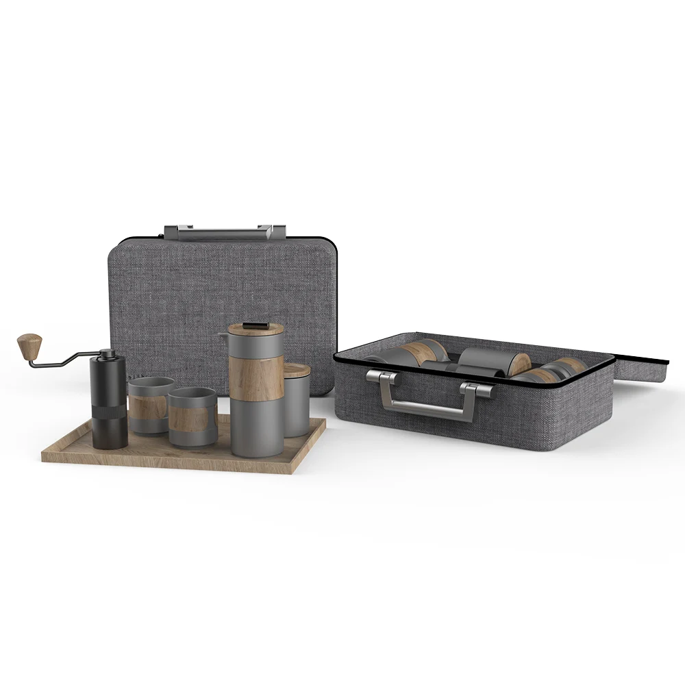 2020 DHPO New Impact French Press With Protective Case and ceramic Carafe two Cups with wood lid for tea or coffee
