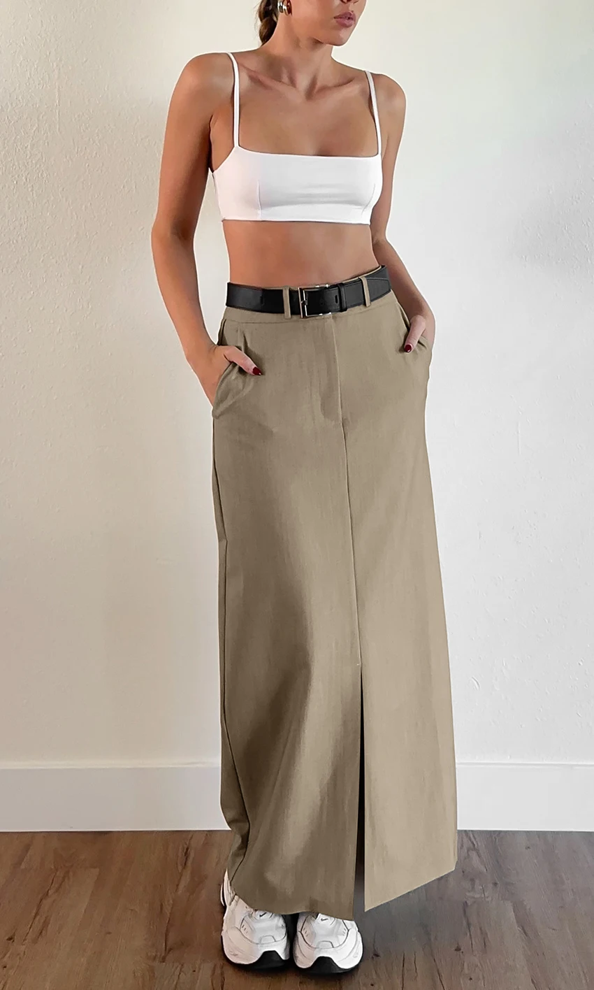 OOTN Spring Women Slit Long Skirts Chic Women 2024 Elegant Office Lady Slim Straight Skirts Fashion Patchwork Khaki Skirts