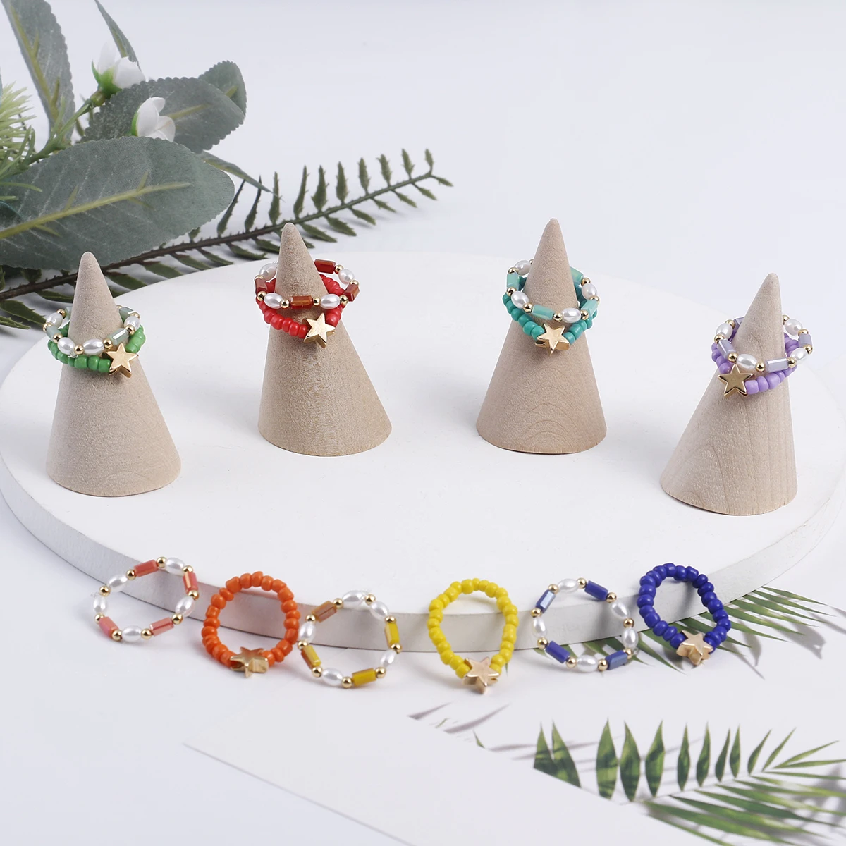 
Hot Sale Jewelry Summer Plastic Acrylic Ring Women Handmade Rice Bead Star Shape Adjustable Ring 