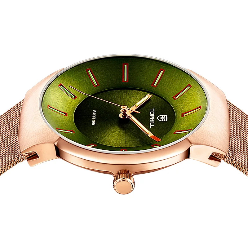 Tophill Custom Tritium Tracheal Nail Dial Luminous 316L Stainless Steel Milan Mesh Belt Sapphire Glass For Womens Quartz Watches