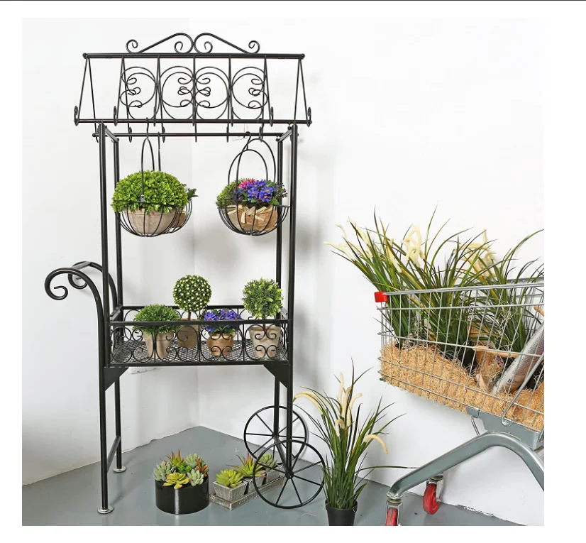 Freestanding swirling decorative floor plant shelves, rustic trolley-style hanging flower baskets decorative/personalized shelve