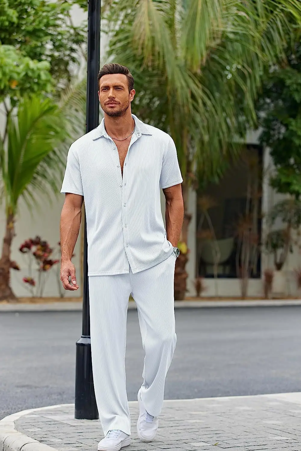 2024 Men Summer Hot Sale Casual Suits Button Solid Color Shirt + Long Pants 2 Piece Set Short Sleeve Tops Casual Suits