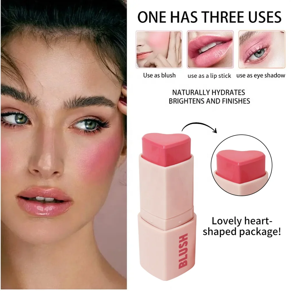 Customize Creamy Makeup Blush Cheeks Personalized Face Tint Blusher with Logo Long Lasting Vegan Heart Shaped Blush Stick