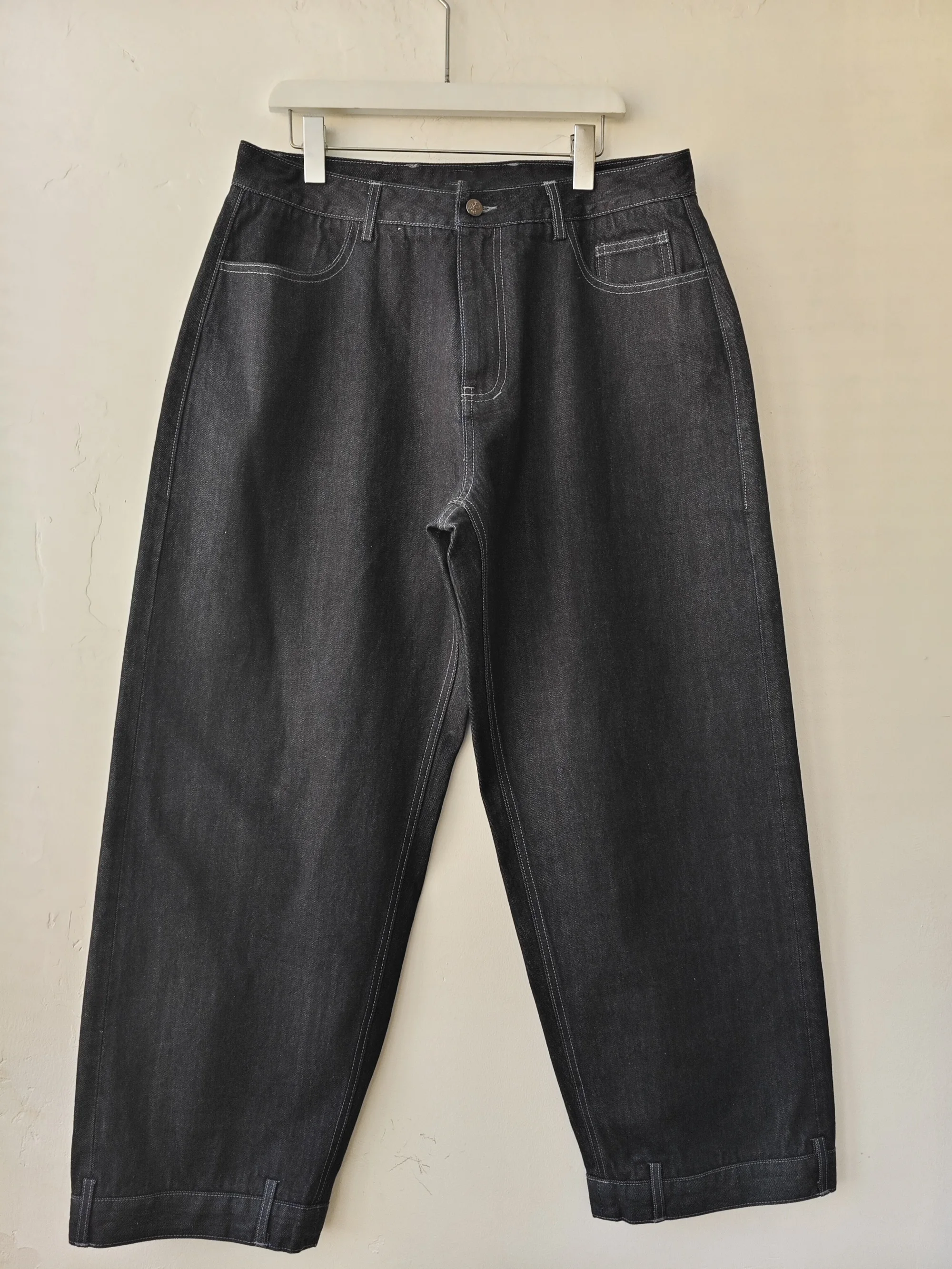 New Trendy Custom Design Plain  Raw Unwashed Black  Japanese Selvedge Baggy  Jeans For Man