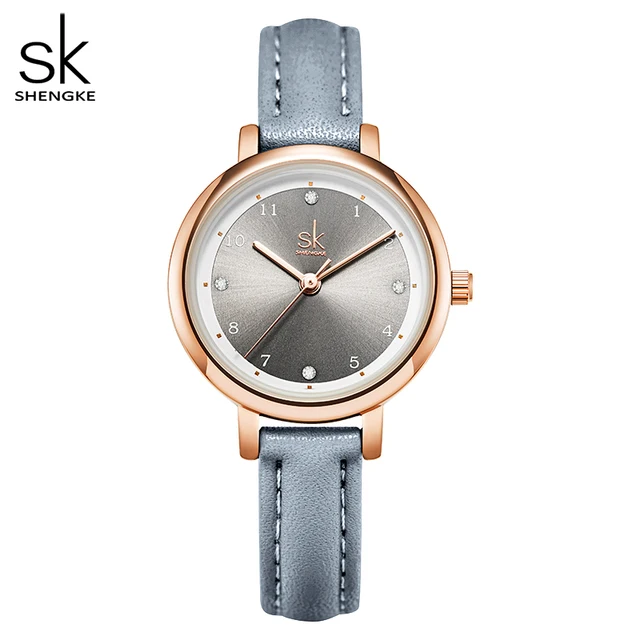 Часы Shengke K9028 женские кварцевые брендовые модные с кожаным ремешком тонкие повседневные мраморным циферблатом