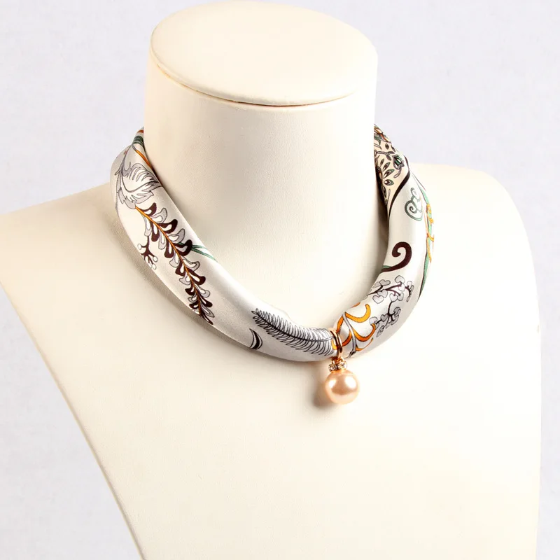 RTS Korean style printed silk scarf magnetic button necklace silk designer scarf lazy clavicle pendant silk square scarf women