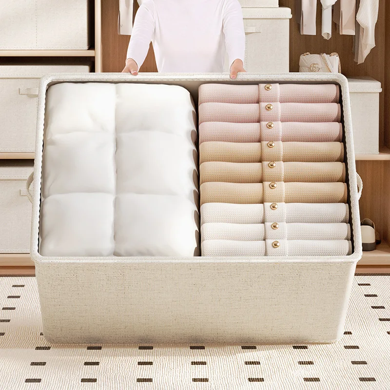 Multi-purpose Fabric Folding Closet Organizers With Handle Lid Cover Beige Color Heavy Duty Storage Box for Moving House