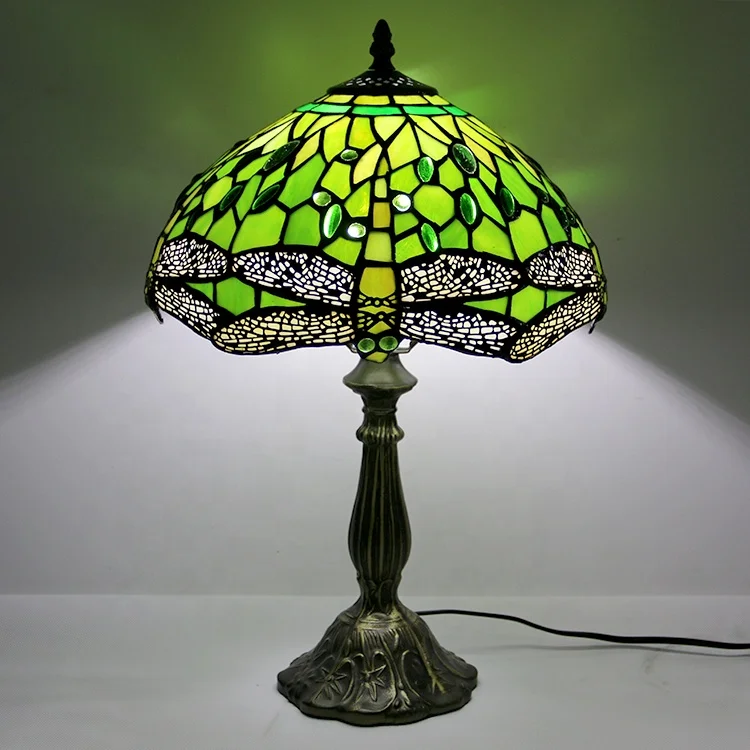 LongHuiJing 12Inch Dragonfly Green Stained Glass Lampshade Desk Lights Handmade Glass Table Lamps With zinc Alloy Base