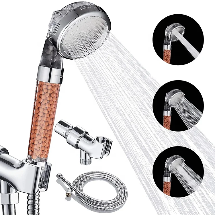 high pressure 3 function water saving Mineral stone filter Shower Head filter with hose for bathroom
