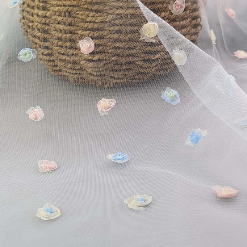 In stock white 3d flower lace fabric tulle mesh floral embroidery women girls dress decoration 3d flower lace fabric