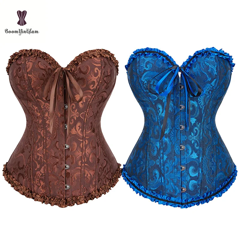 Plus Size XS To XXXXXXL Busty Women Bodices Blue Brown Lace Clothes Latex Corset And Bustier With 6 Busk Snaps
