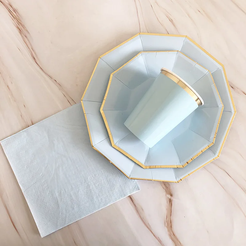 New design hot stamping lace plain colour theme paper cup and napkin disposable paper plate set