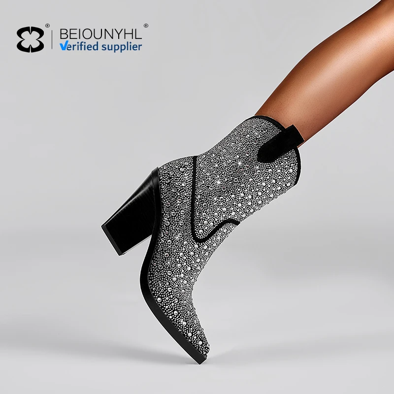 2024 New Ladies Rhinestone Western Pointed Toe Wedge Heel Ankle Boots Women Shoes Black Suede Block Heel Wide Calf Booties