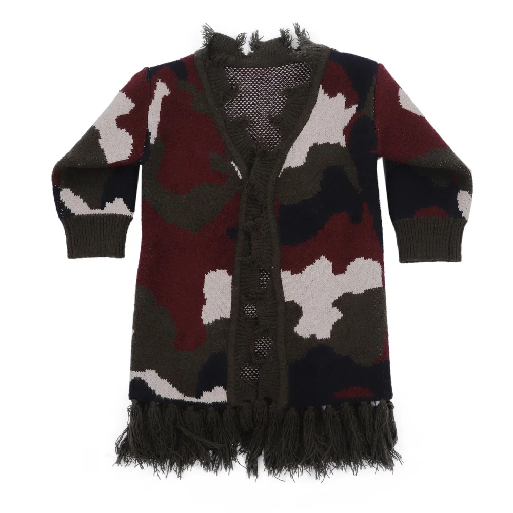 
New arrival kids long new style camo distressed fringed thermal cardigan 