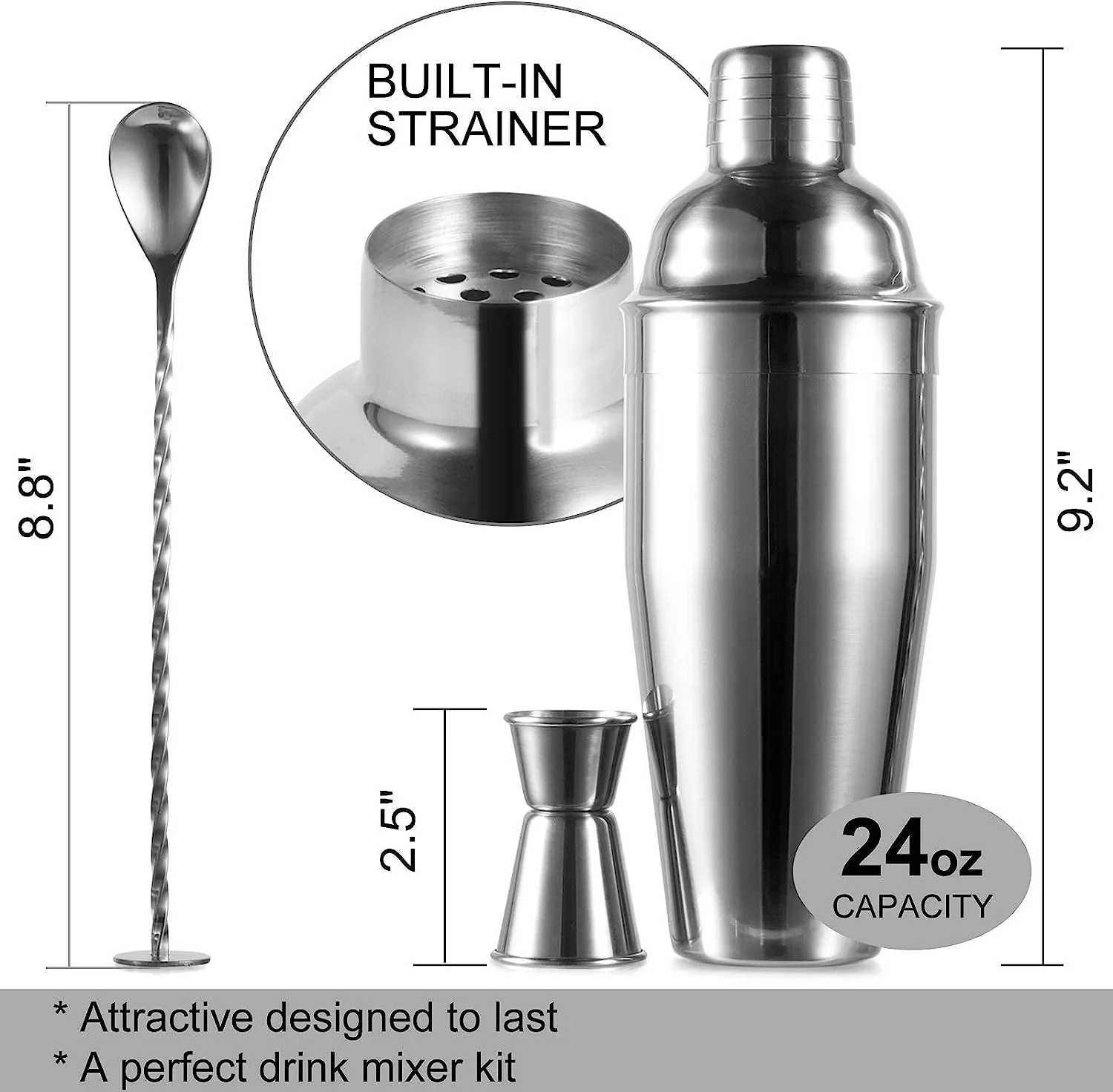 3 Piece Cocktail Shaker Set Stainless Steel Martini Shaker Set with Measuring Jigger Bar Spoon Cocktail recipe