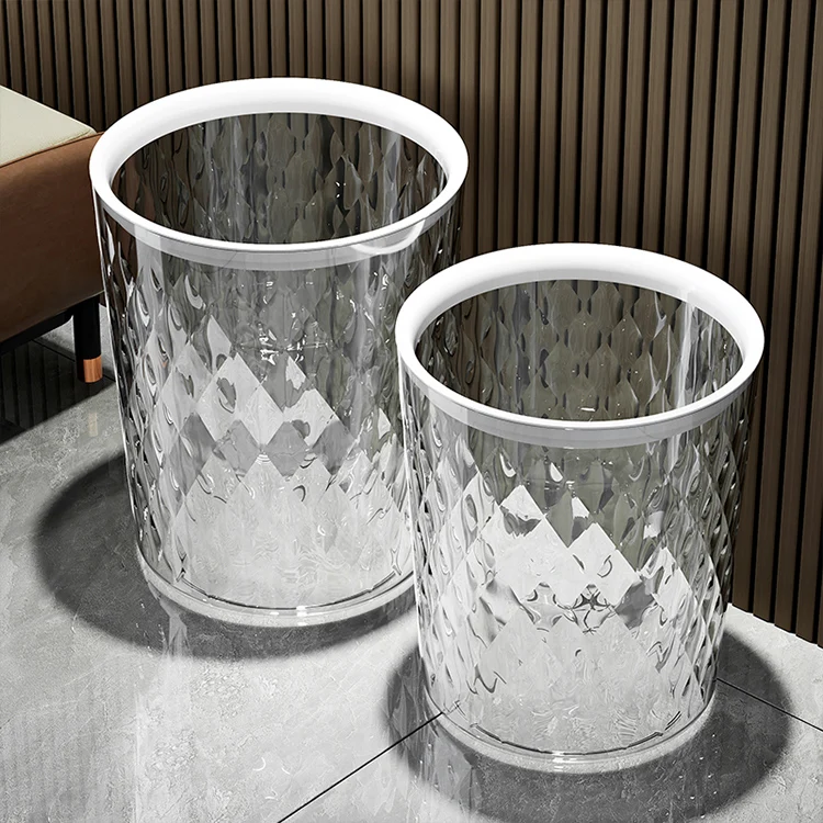 Light Luxury Household Plastic PET Clear Round Large Storage Office Paper Garbage Bin Transparent Waste Bins