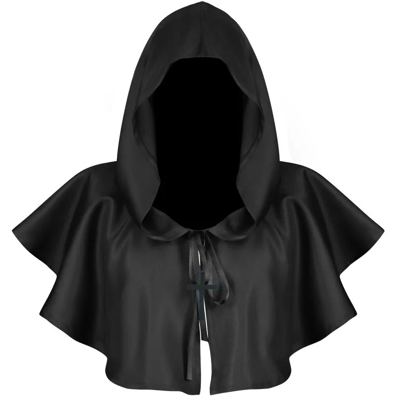 Unisex Adult Child Medieval Costume Hooded Cape Short Cloak Black White Blue Red Halloween Costumes Coat Fancy Dress Accessories