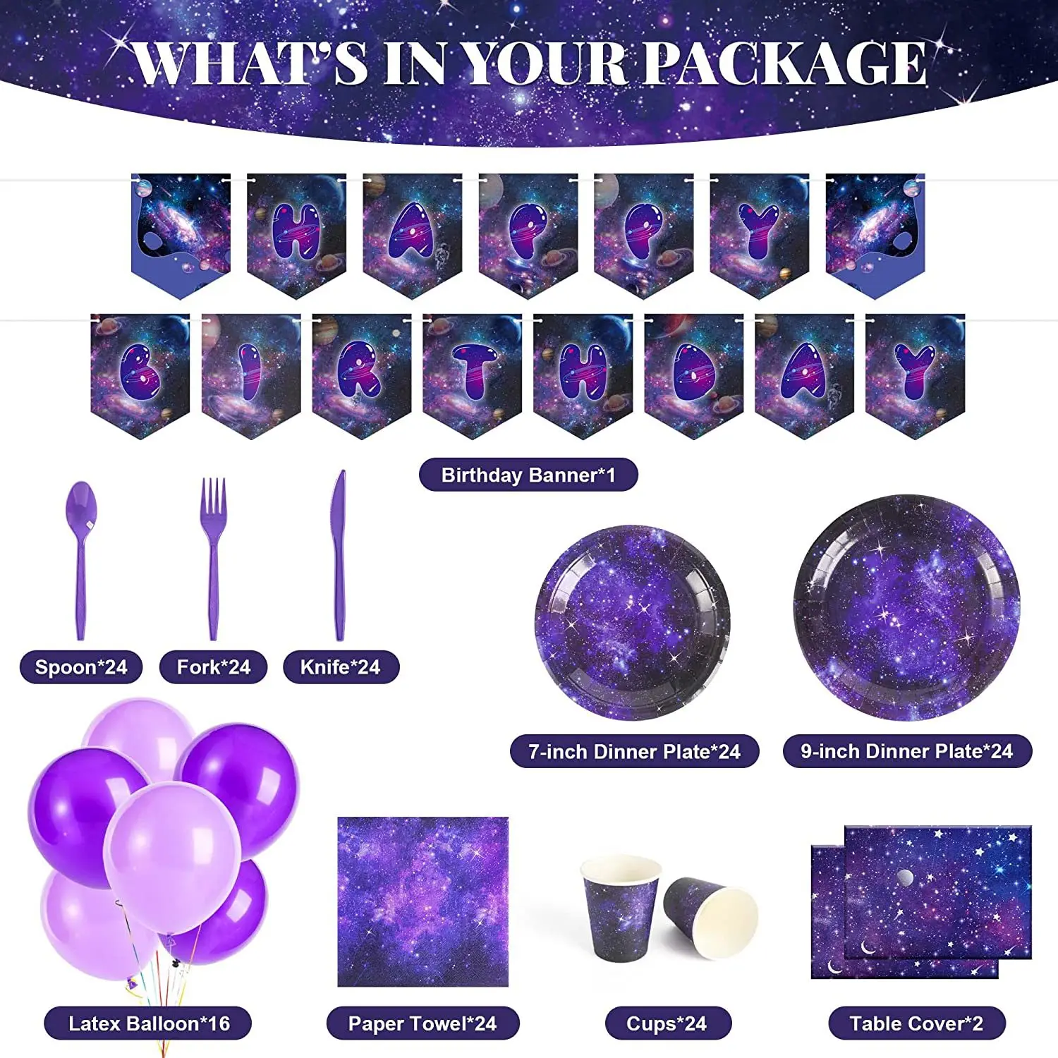 Purple starry sky galactic space theme decorative paper tray party paper cup knife fork spoon