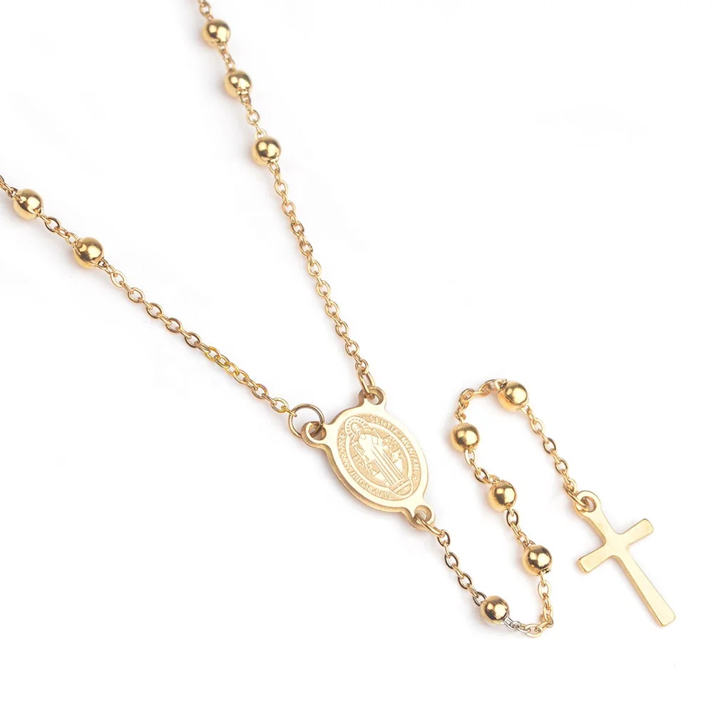 St Benedict Gold Plated Silver Stainless Steel Religious Long Rosaries Virgin Mary Cross Necklace Catholic Rosary