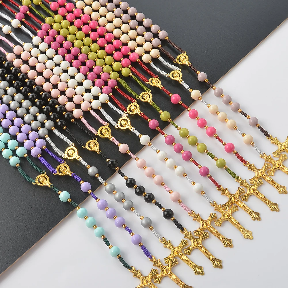 Hot sale 8mm 10mm glass beads handmade rosary necklace cross pendant christianity prayer rosary