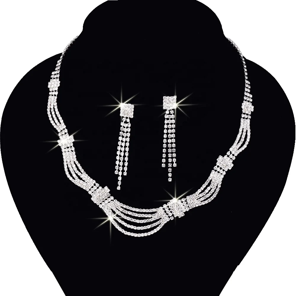 Wholesale Trendy Silver Rhinestone 5 Layer Jewelry Women Necklace & Earring