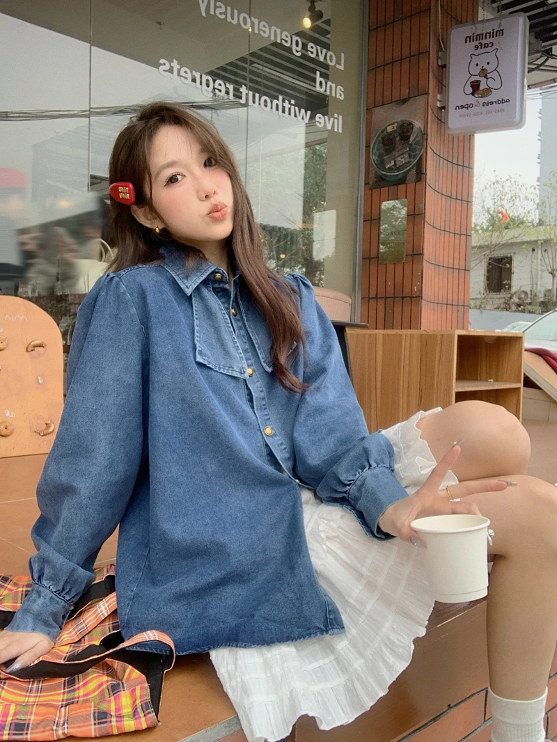 Autumn Winter Denim Women Shirts Bows Sweet Solid Korean Fashion Basics Blouses Elegant Casual Loose Blouse Mujer