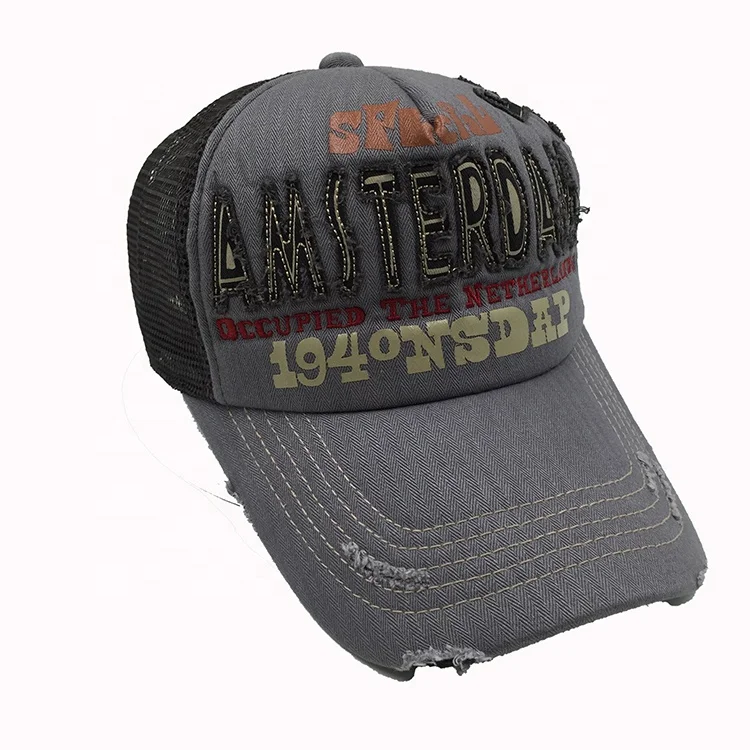 Custom Distressed Worn Out Applique Cotton Herringbone 5-Panel Sport Baseball Cap Mesh Trucker hat