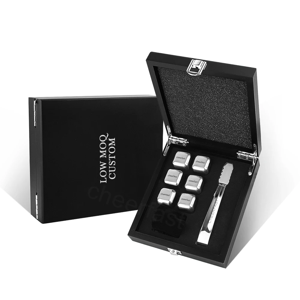 Best Selling Whiskey Chiller Ice Cube Stone And Wood Box Gift Set Stainless Steel Metal Silver 6Pcs Reusable Chilling Stones