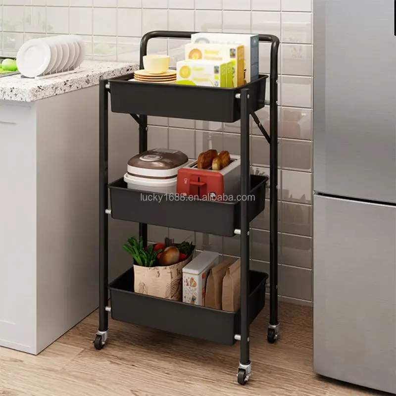 Hot selling commercial furniture 3 tier hand push foldable storage rack hair salon trolley cart