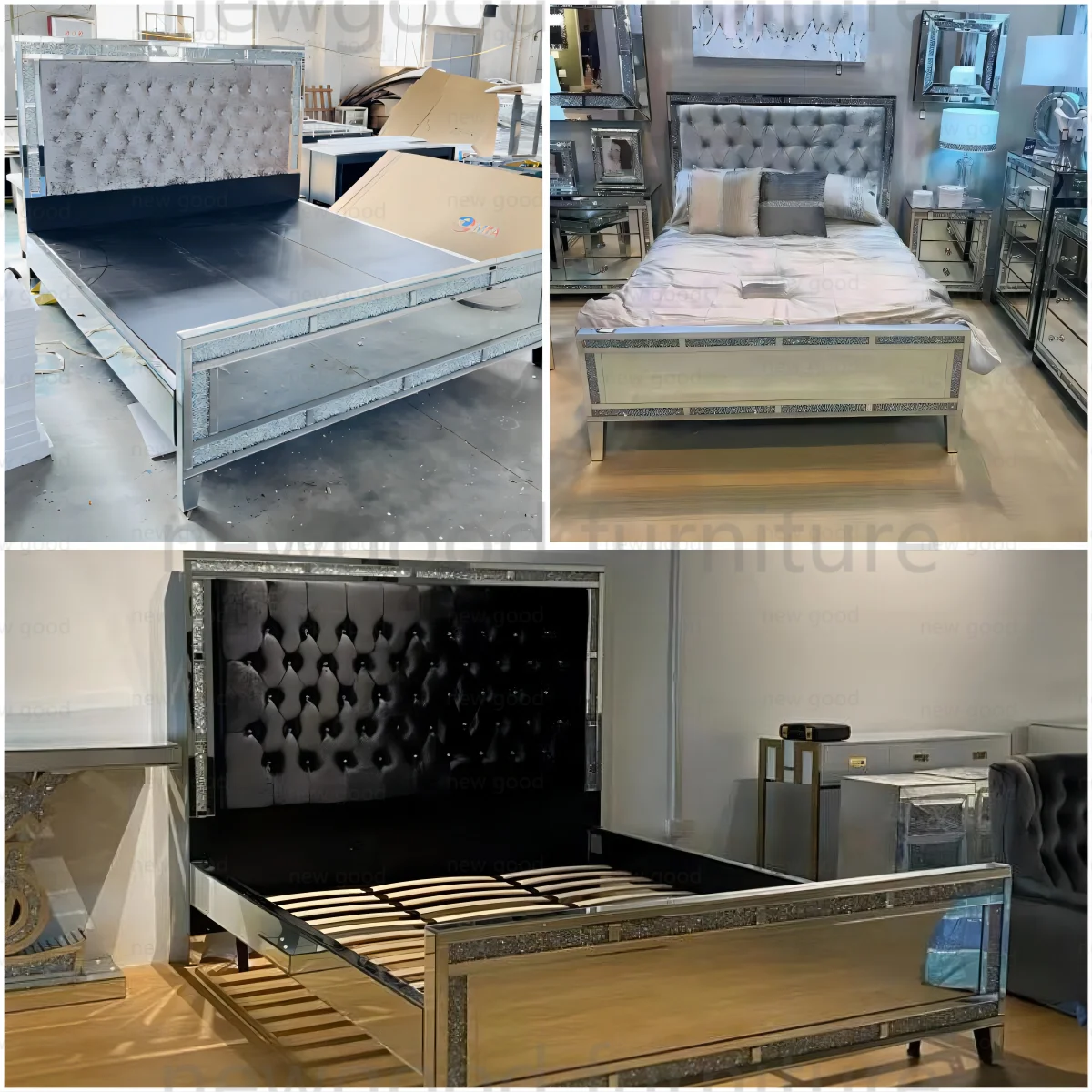 Modern Light Luxury Silver Wooden Bedside Table Bedroom Custom Furniture High Quality Diamond Mirror Side Cabinet