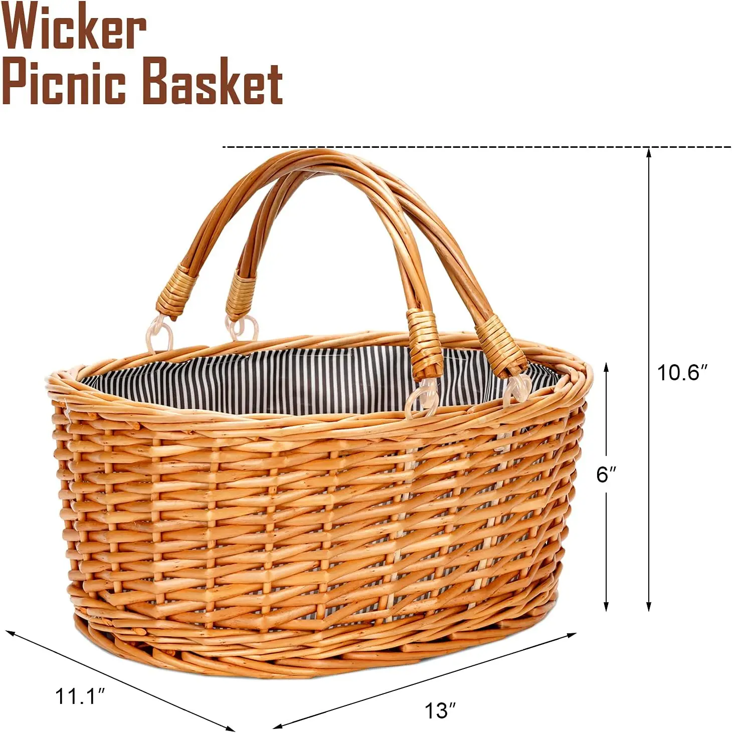 Yulin Jiafu Wicker Picnic Basket with Double Folding Handles, Small Natural Willow Hamper Empty Basket